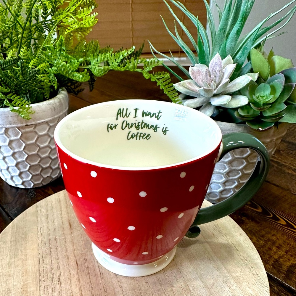Cute Red and White Polka Dot Christmas Mug - All I Want for Christmas is Coffee